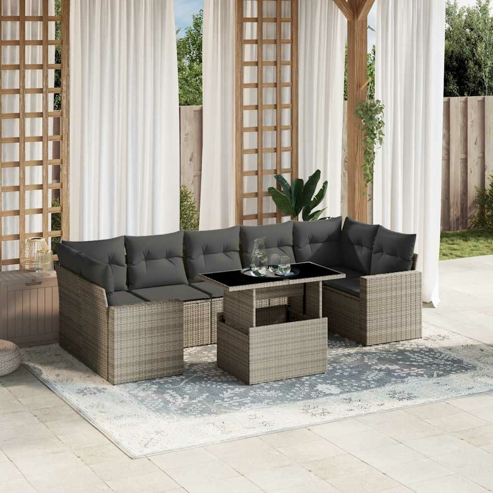 Salon de jardin 8 pcs avec coussins gris clair résine tressée