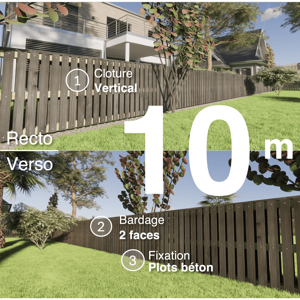 Kit clôture bois moderne 10m – h 0,9m – 20 x 70 mm noir par trempage – pose vertical – double face – à sceller