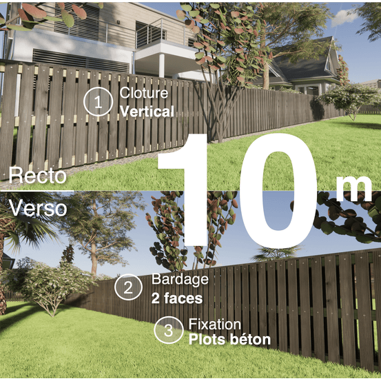 Kit clôture bois moderne 10m – h 0,9m – 20 x 70 mm noir par trempage – pose vertical – double face – à sceller