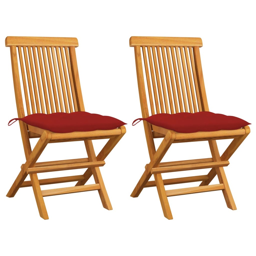 Chaises de jardin et coussins rouge lot de 2 bois teck massif
