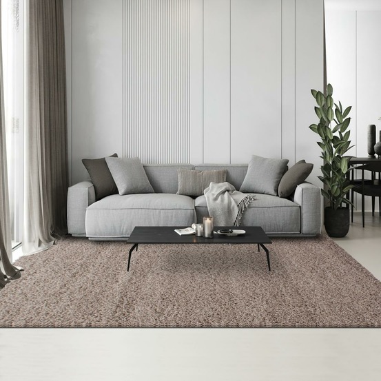 Tapis poils longs shaggy ø120cm rond tissé beige motif uni uni l