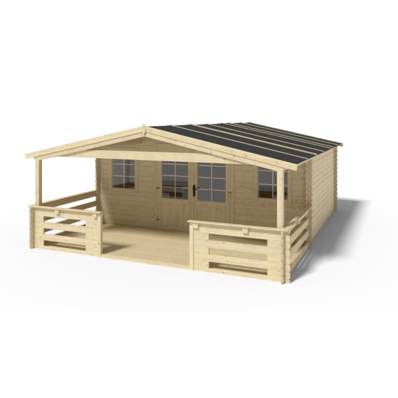 Abri de jardin en bois - 5x4 m - 30 m2 + terrasse avec balustrade et avant-toit en bois