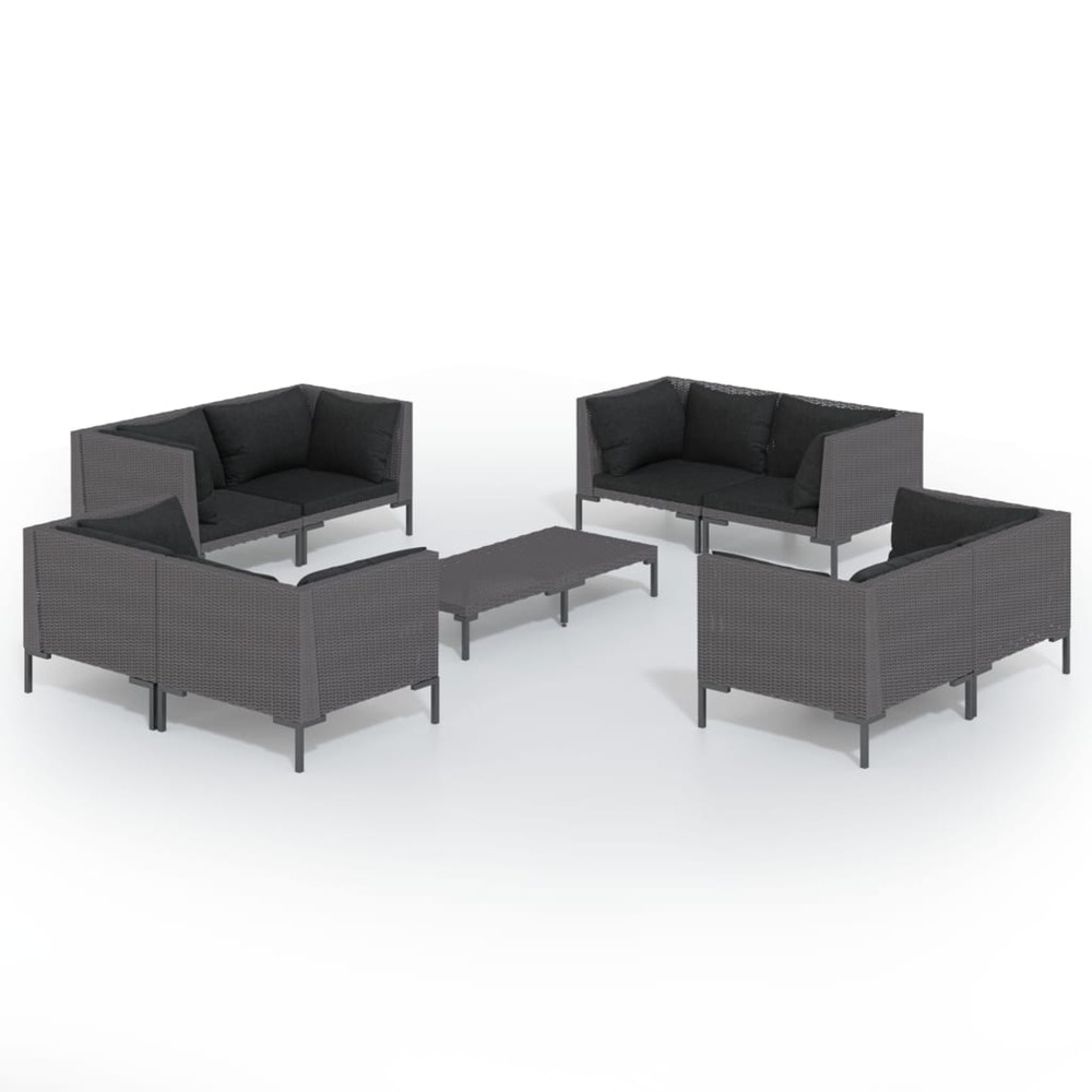 Salon de jardin 9 pcs avec coussins résine tressée gris foncé