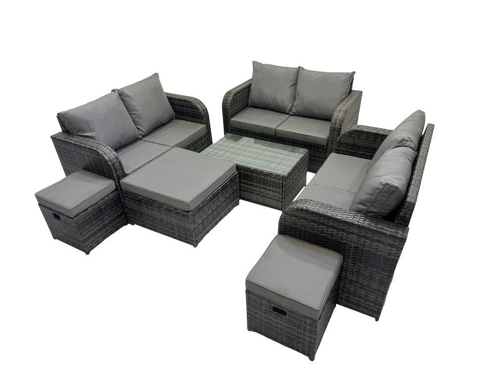 Ensemble de meubles de jardin en polyrotin 9 places avec table basse rectangulaire canapé d'amour 3 tabourets gris foncé mixte