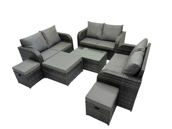 Ensemble de meubles de jardin en polyrotin 9 places avec table basse rectangulaire canapé d'amour 3 tabourets gris foncé mixte