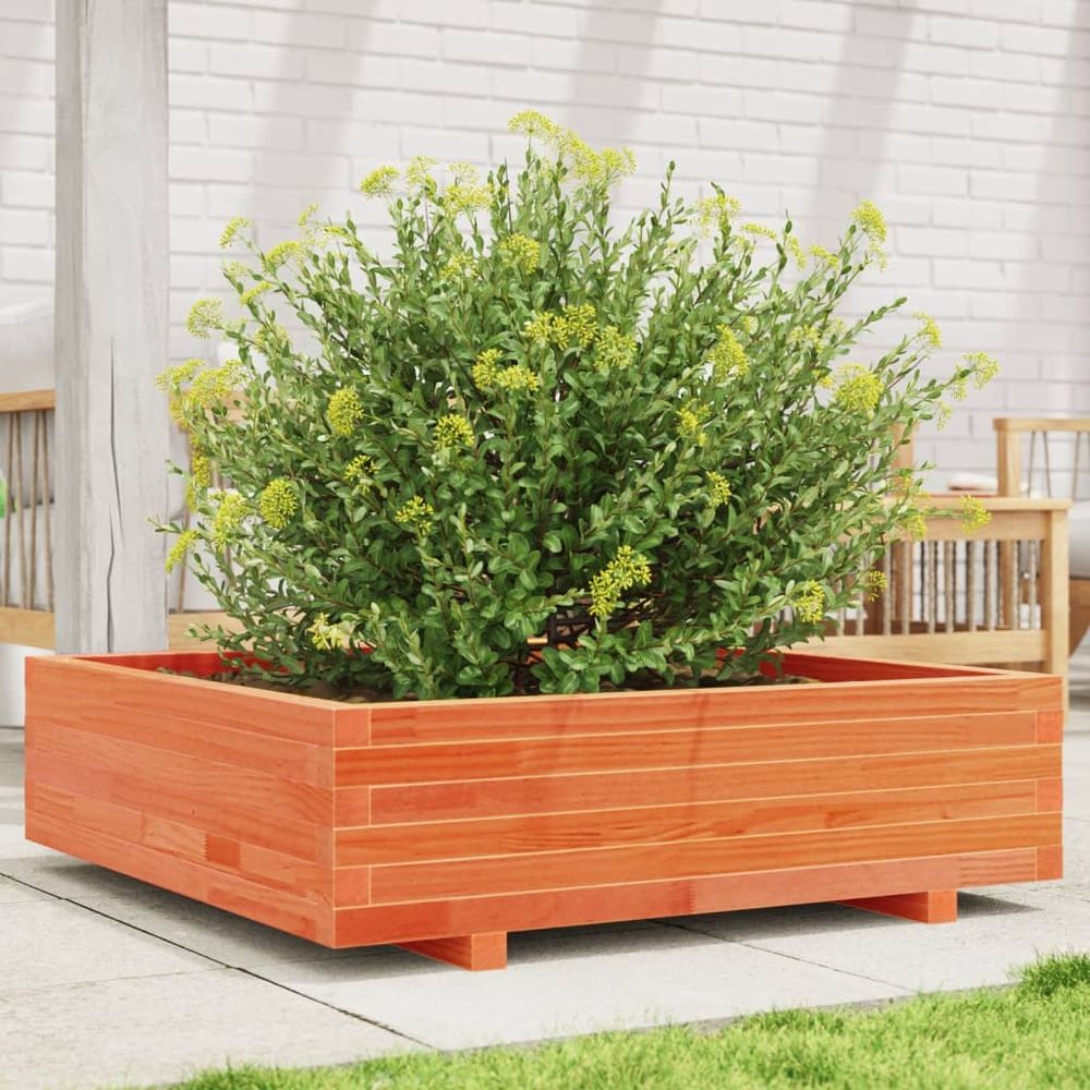 Grand bac à fleurs carré 90cm pin massif finition cire marron pour jardin