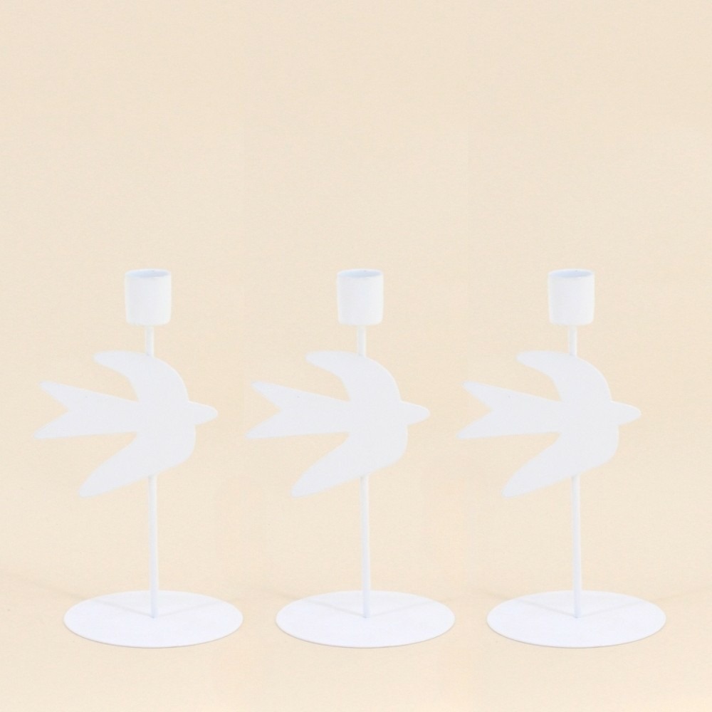 Lot de 3 bougeoirs forme oiseau en métal blanc