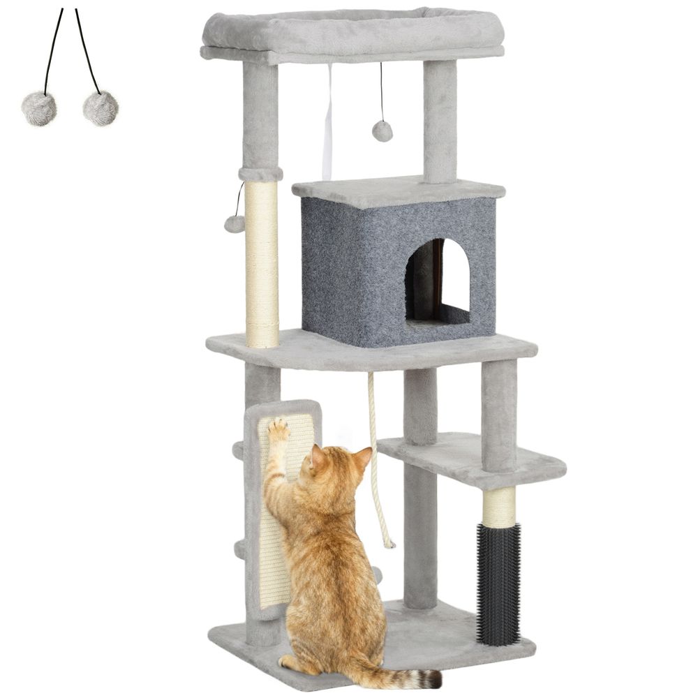 Arbre à chat multi-niveaux en bois pour intérieur avec niche griffoir et jouets 132 cm gris clair