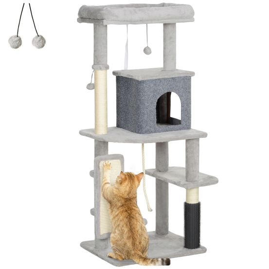 Arbre à chat multi-niveaux en bois pour intérieur avec niche griffoir et jouets 132 cm gris clair