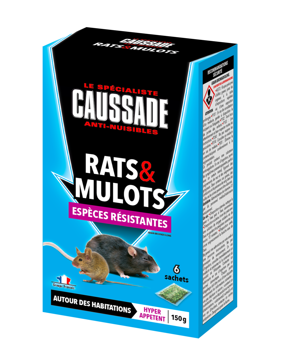 Caussade anti rats & mulots - efficacité radicale - lieux sec - 6 sachets céréales - prêt à l'emploi - 150g carmuc150n