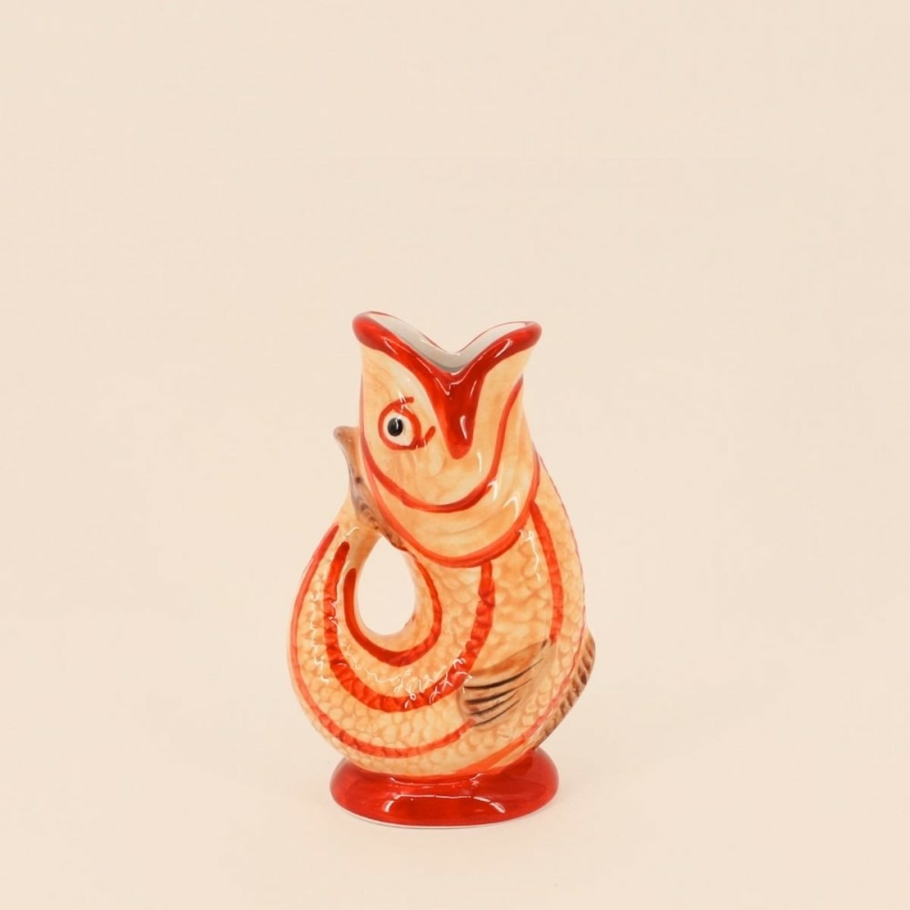 Vase forme poisson en dolomite jaune et rouge, h17cm