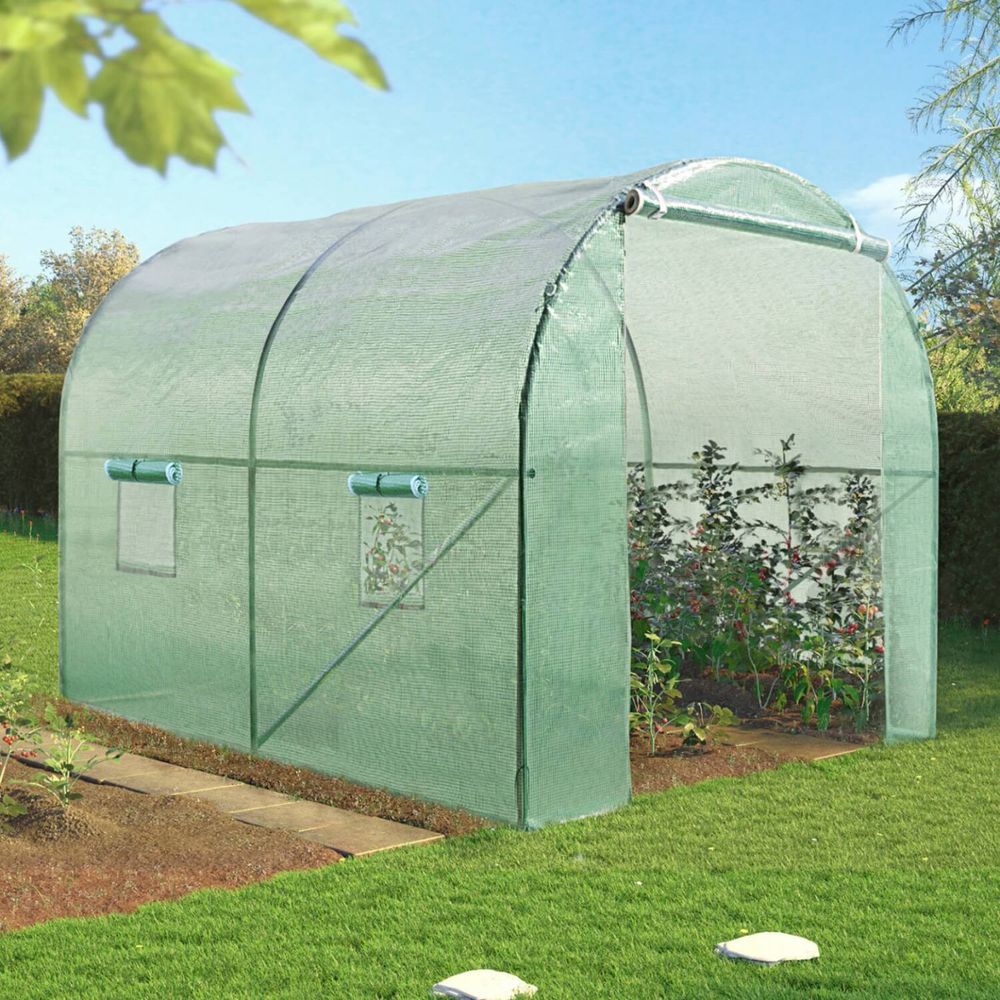 Serre de jardin tunnel 6m² 3 x 2 x 2 m acier galvanisé + bâche anti-uv avec porte et fenêtres roma verte