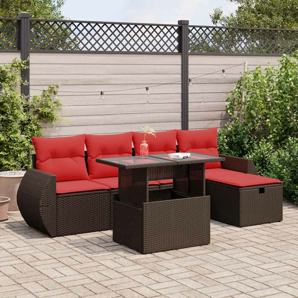 Salon de jardin 6 pcs avec coussins marron résine tressée acacia