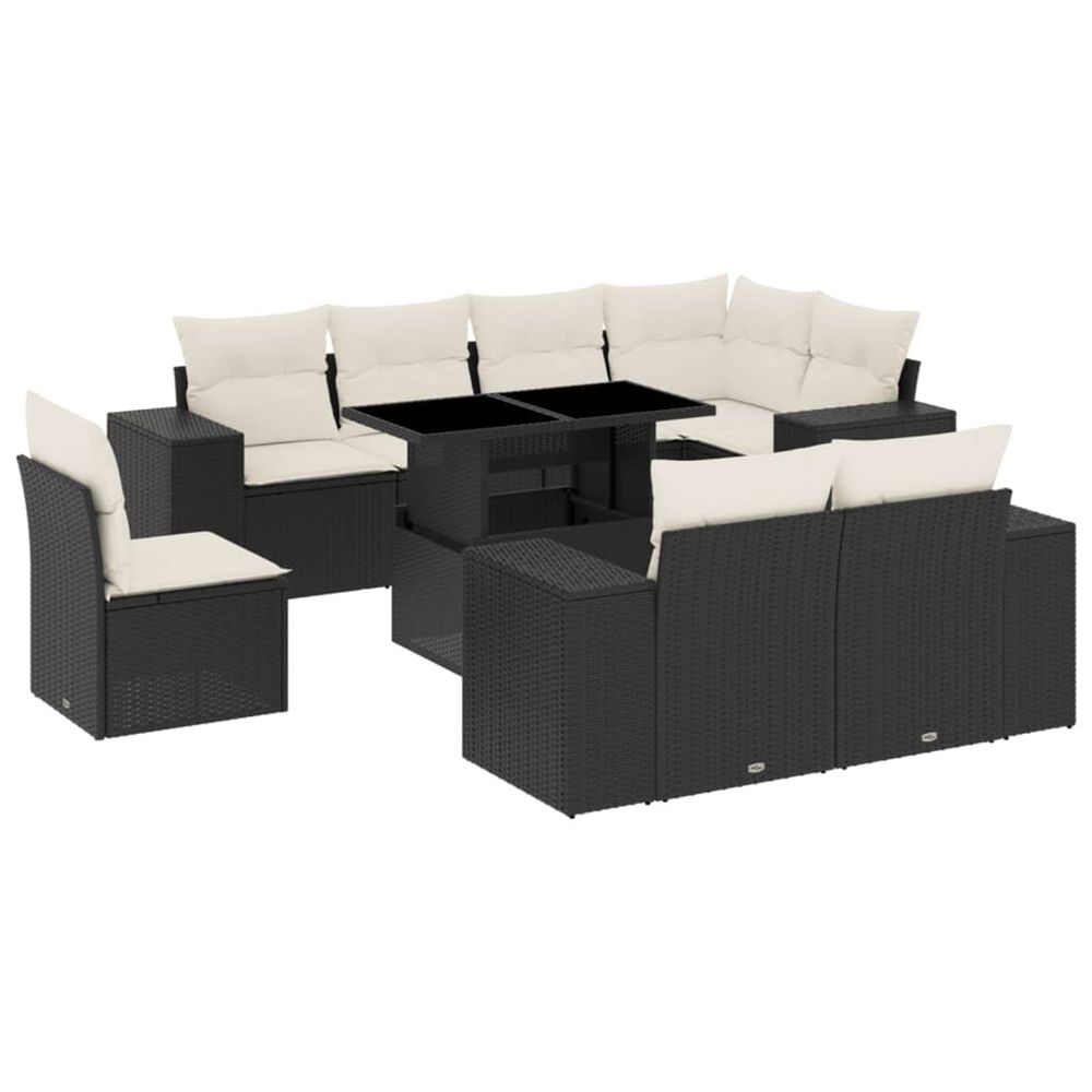 Salon de jardin 9 pcs avec coussins noir résine tressée