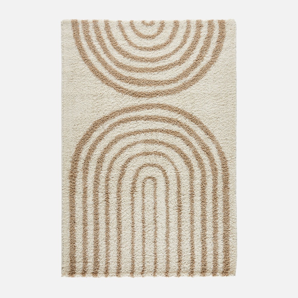 Tapis intérieur shaggy, motifs géométriques arc-en-ciel, beige, poils longs