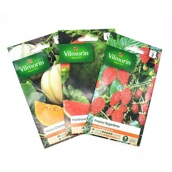 Pack de 3 sachets graines melon - pastèque - fraisier