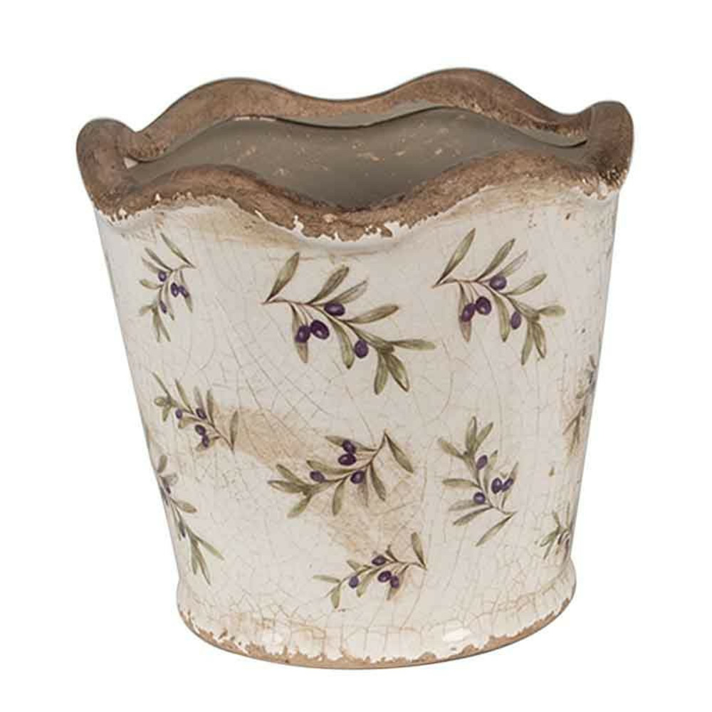 Pot de fleurs céramique beige motif olives 13x12x13cm