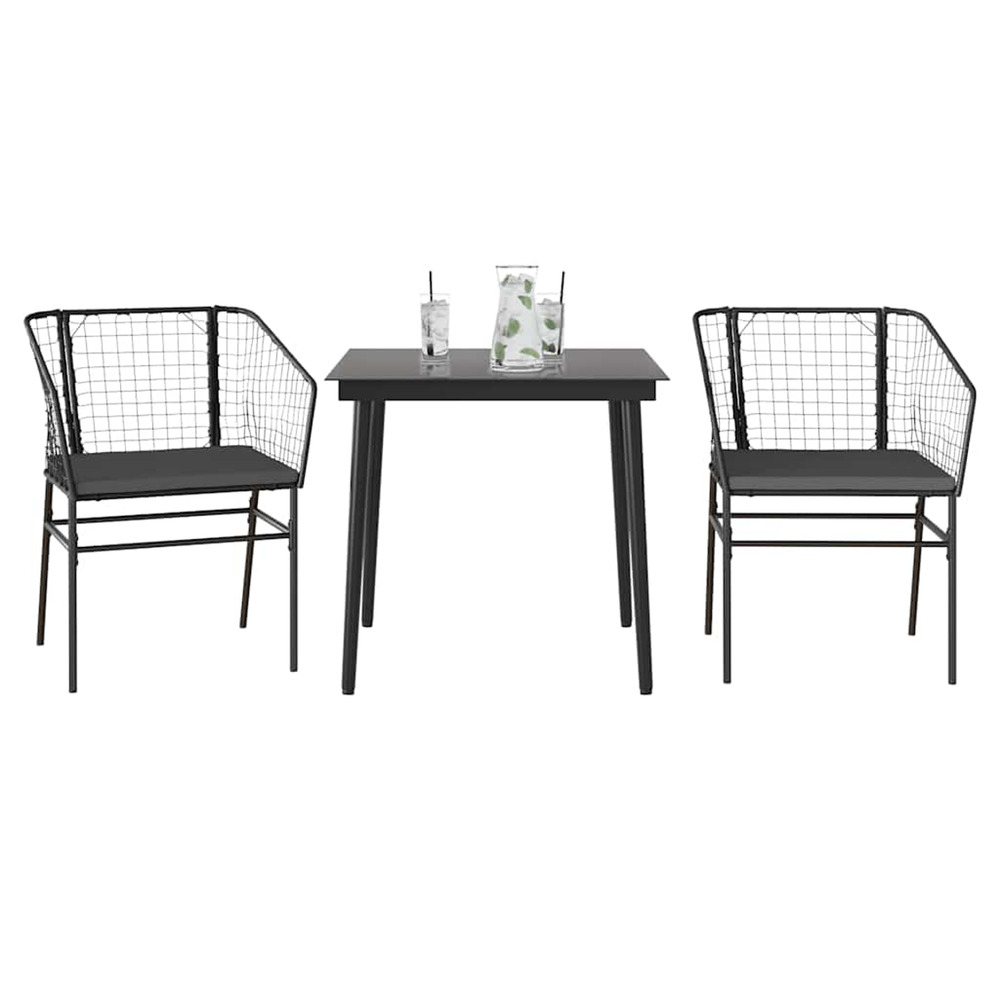 Ensemble à manger de jardin et coussins 3 pcs noir rotin verre