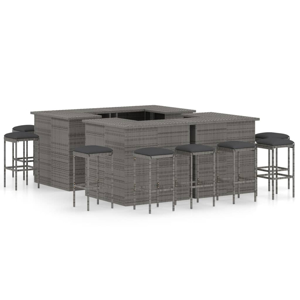 Meuble de bar de jardin 16 pcs et coussins résine tressée gris