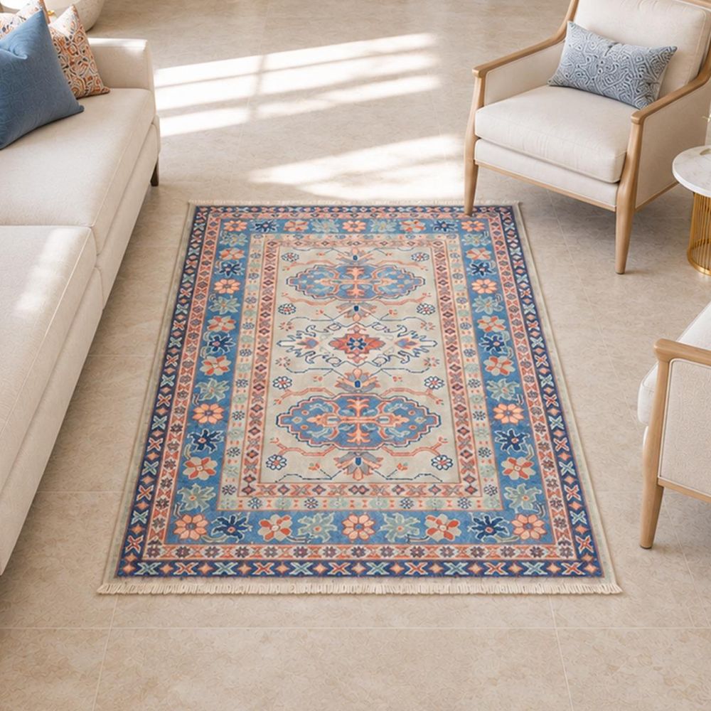 Tapis d'orient 79 x 118 cm, crème, bleu et rouge, en laine, kazak co 67