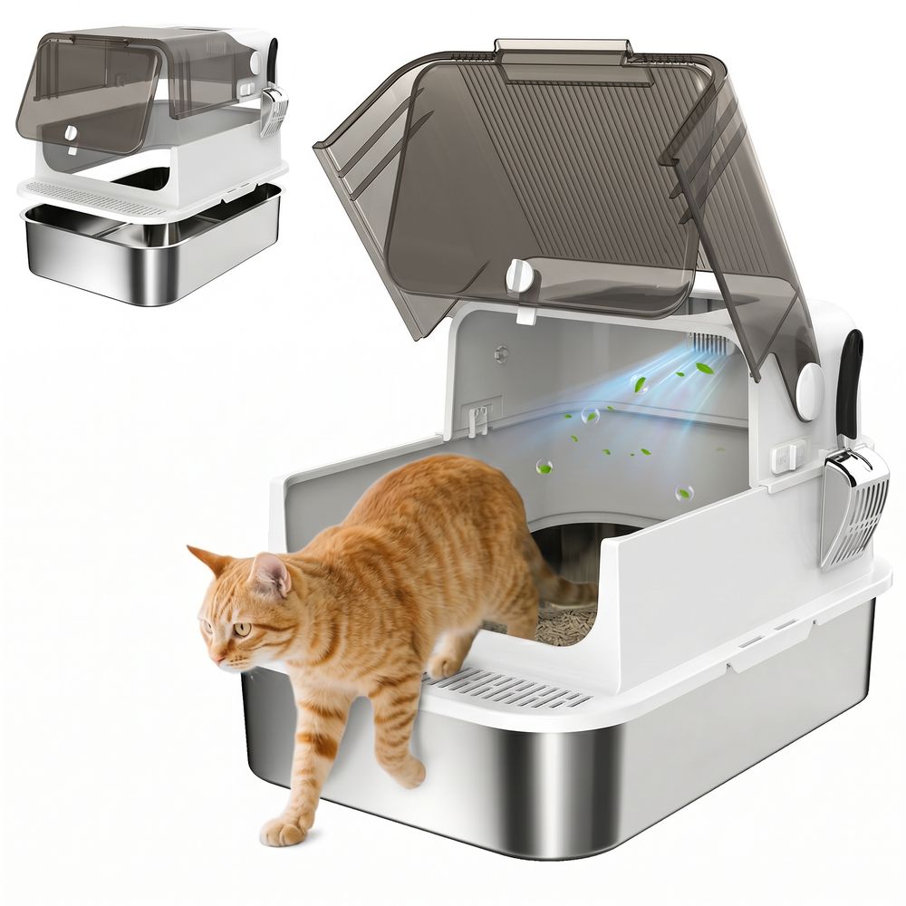Litière chat xxl acier inoxydable 70x50x46,5 cm blanche entrée supérieure anti-odeurs