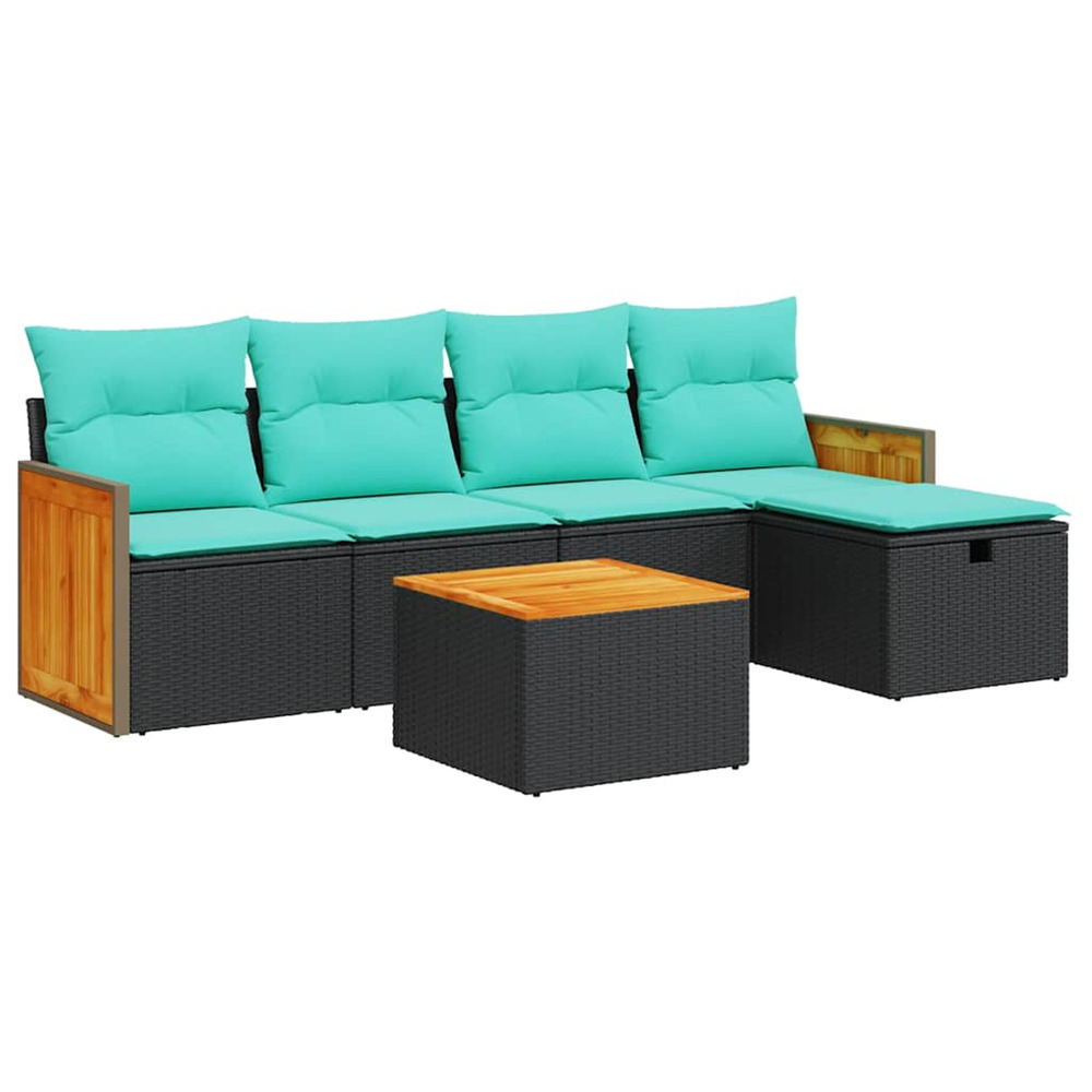 Salon de jardin 6 pcs avec coussins noir résine tressée