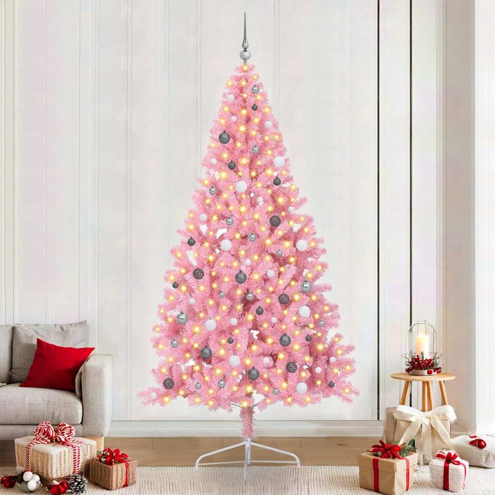 Sapin artificiel haut de 240 cm rose, décoration de noël complète avec led et boules
