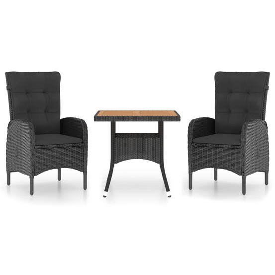 Ensemble à dîner de jardin 3 pcs résine tressée et acacia noir