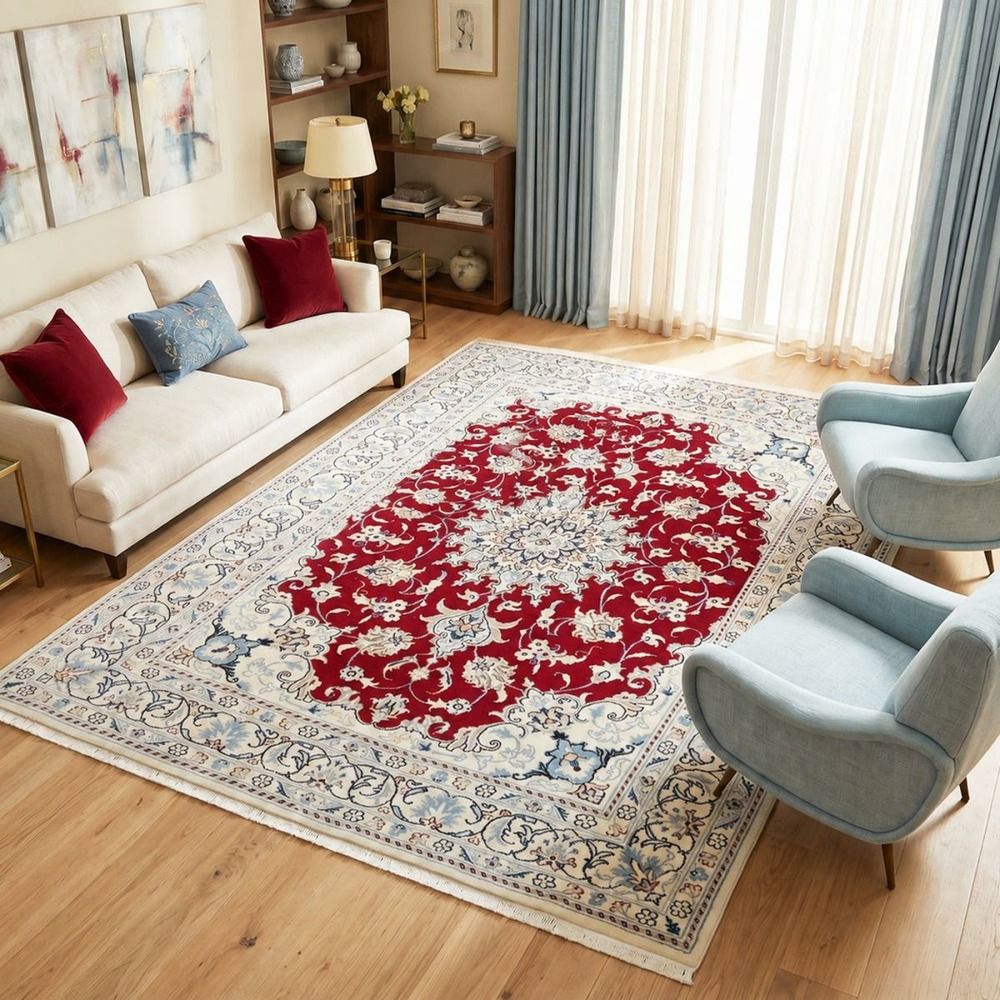 Tapis d'orient 144 x 198 cm, rouge, bleu et crème, laine nouée main, nain 8
