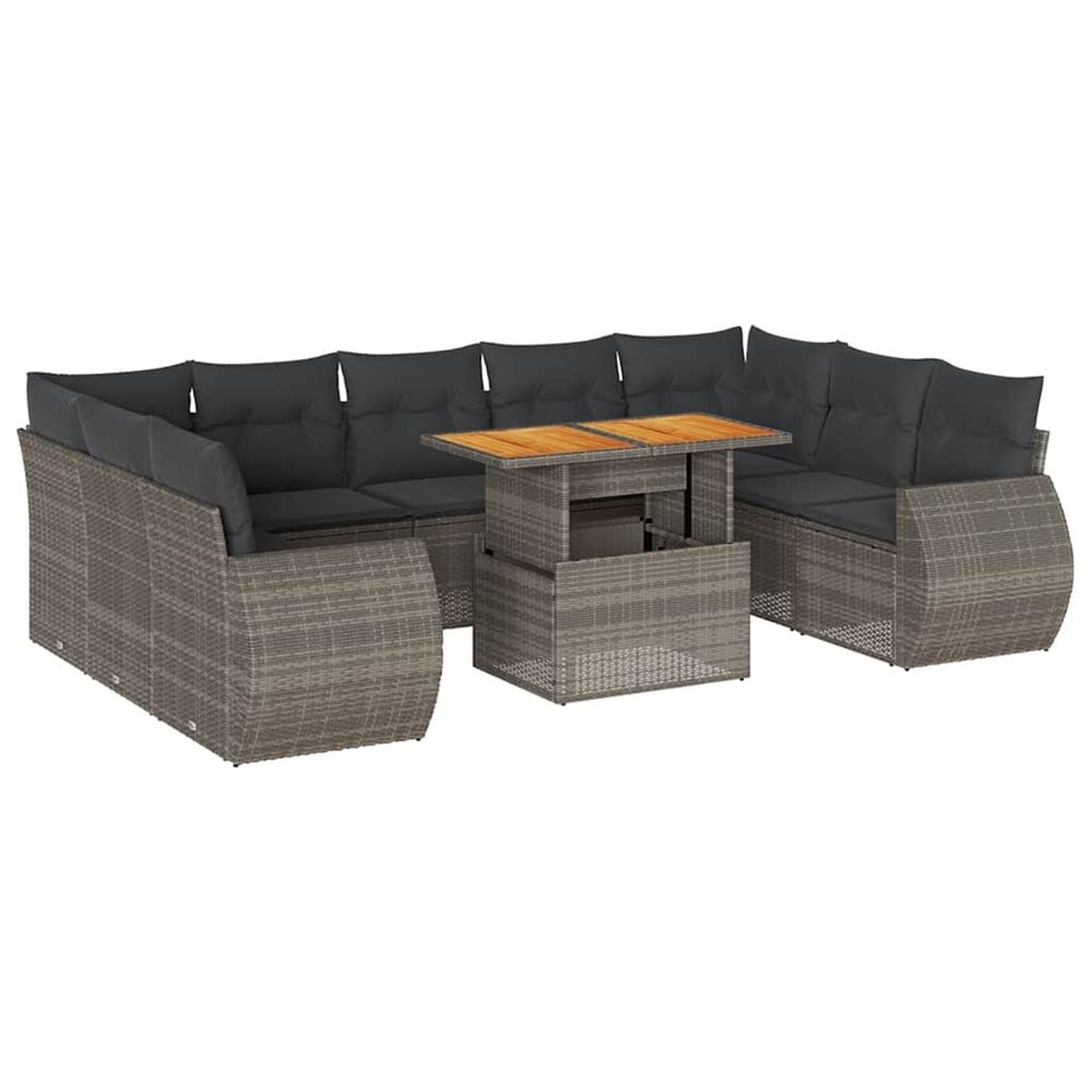 Salon de jardin avec coussins 10 pcs gris résine tressée