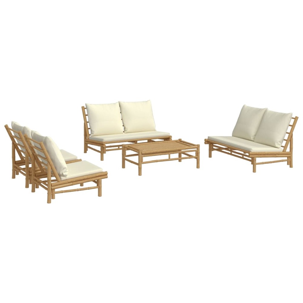 Salon de jardin meuble d'extérieur ensemble de mobilier 5 pièces avec coussins blanc crème bambou