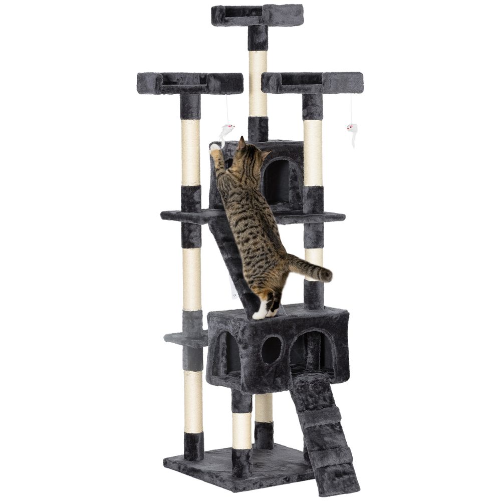 Grand arbre à chat sisal peluche multi activités avec abris 49x49x173 cm gris