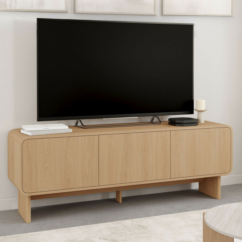 Meuble tv 140 cm capucine 3 portes façon hêtre design arrondi