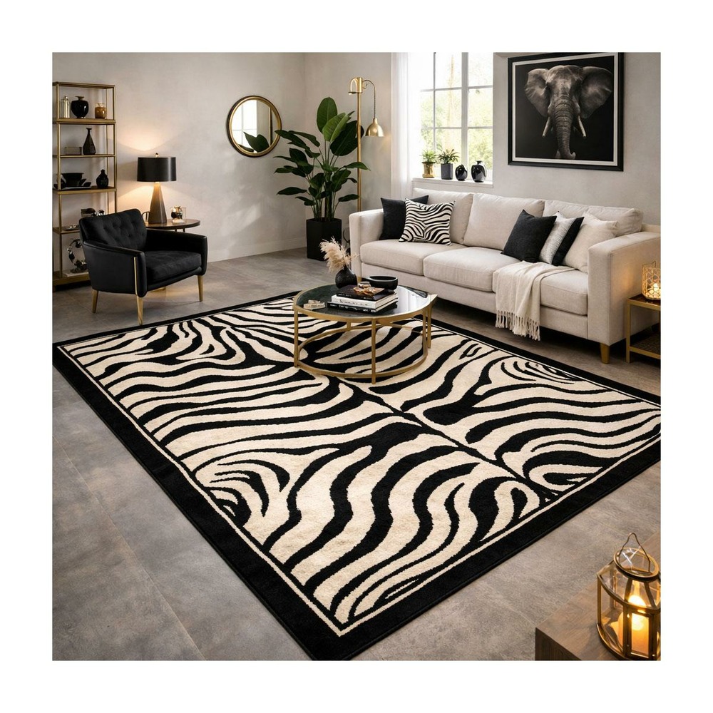 Tapis salon 160x225 tissé noir rectangle motif animaux lyn1 zebro