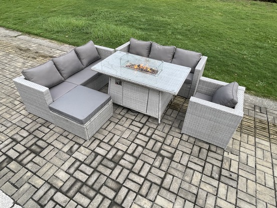 8 places ensemble meuble de jardin en rotin ave 2 canapé et grand tabourets,fauteuil pour pelouse terrasse intérieure gris clair