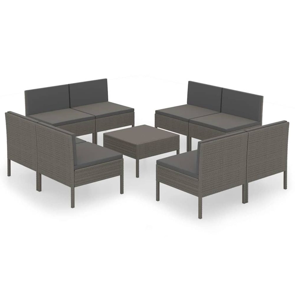 Salon de jardin 9 pcs avec coussins résine tressée gris