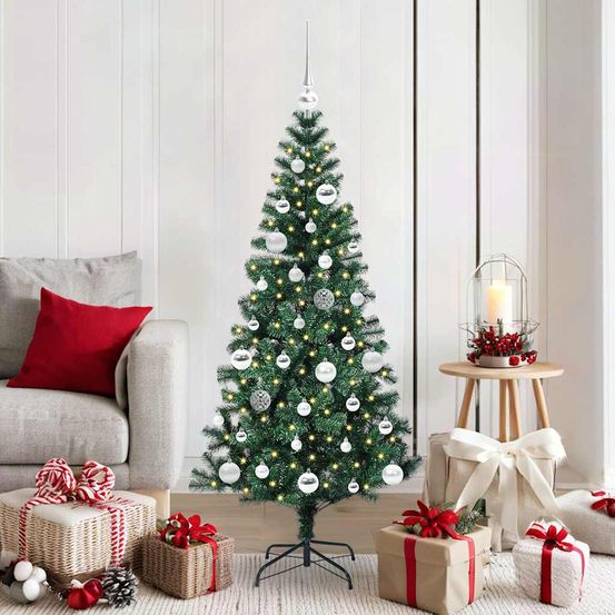 Arbre de noël artificiel 150cm, kit déco tout compris : 150 led, cime et 61 boules assorties
