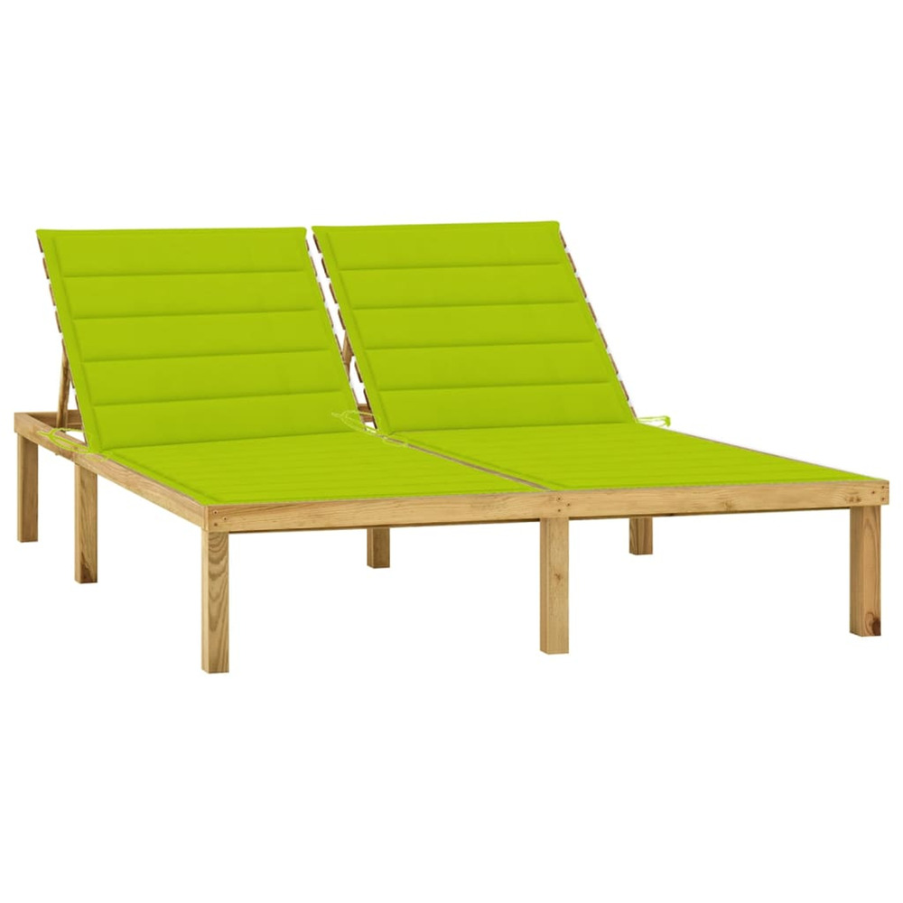 Chaise longue double et coussins vert vif bois de pin imprégné bain de soleil