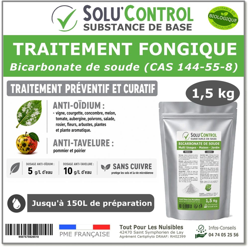 Solu'control bicarbonate de soude jardin 1,5 kg – traitement fongique naturel oïdium & tavelure - sans cuivre