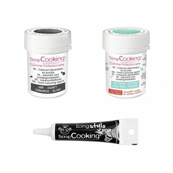 2 colorants alimentaires noir-vert d'eau + stylo glaçage noir