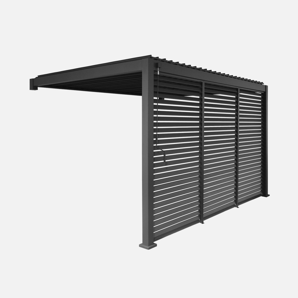Pergola bioclimatique aluminium adossée 4x3m + 3 persiennes 130cm triomphe