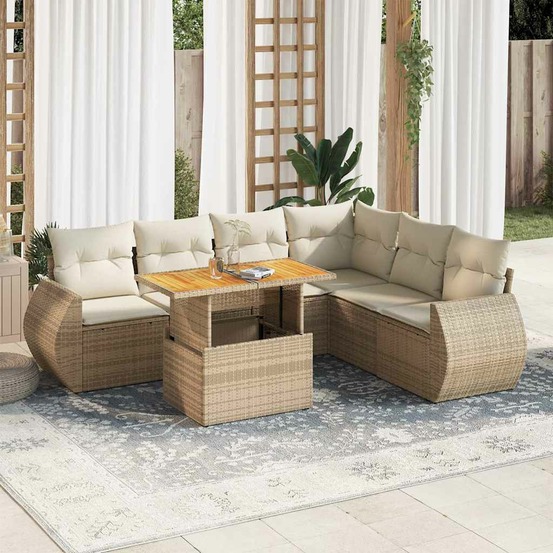 Salon de jardin avec coussins 7 pcs beige résine tressée