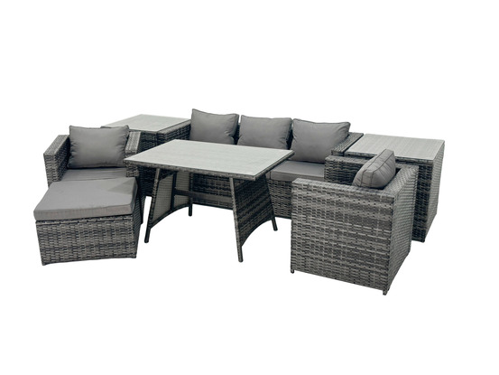6 places ensemble repas de jardin exterieur avec table à manger 2 tables d'appoint grand tabouret 2 fauteuil gris foncé mixte