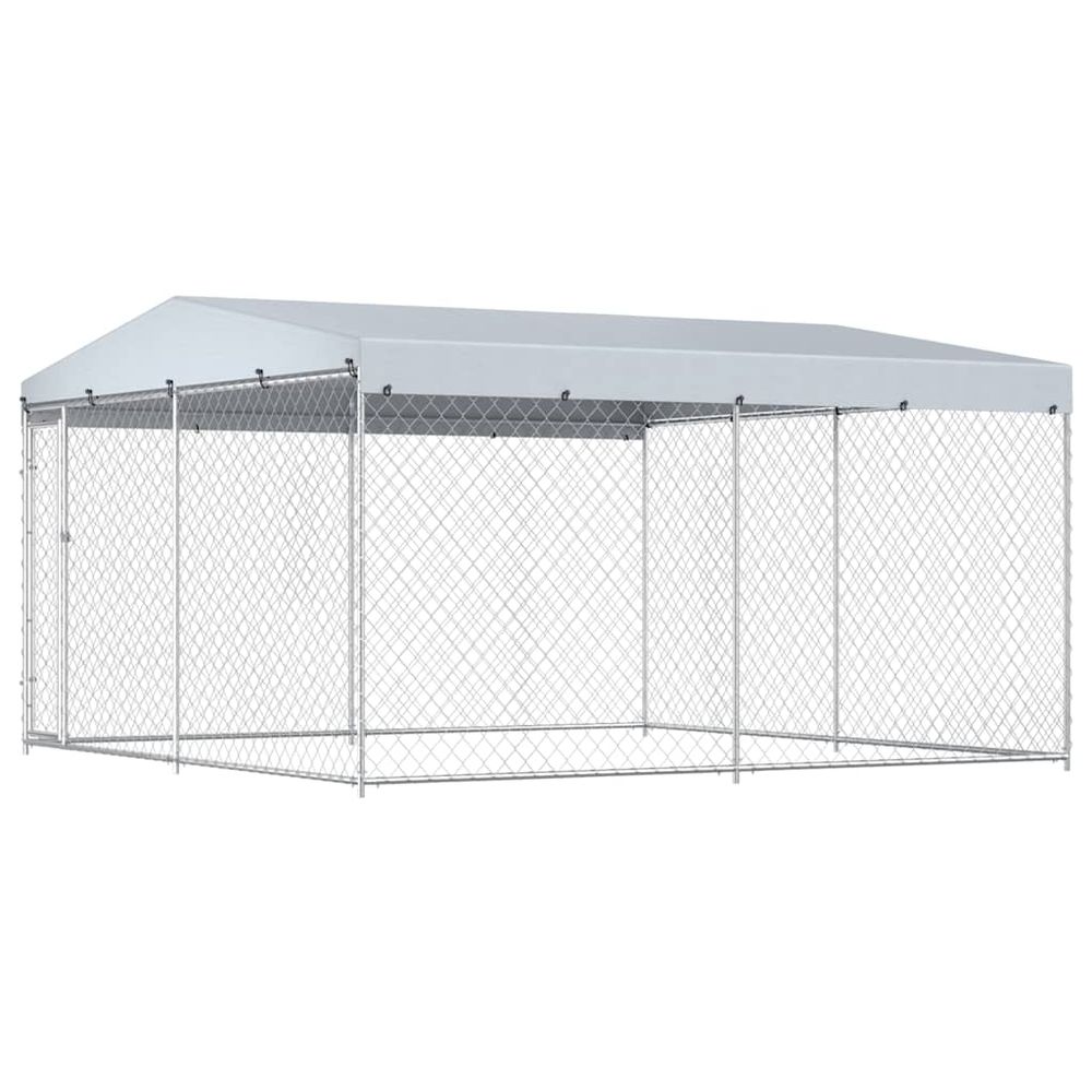 Chenil enclos extérieur acier galvanisé pour chiens avec toit protection uv exercice 382x382x225cm argent
