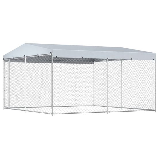 Chenil enclos extérieur acier galvanisé pour chiens avec toit protection uv exercice 382x382x225cm argent