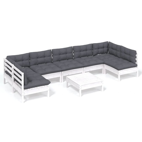 Salon de jardin 8 pcs avec coussins blanc bois de pin massif
