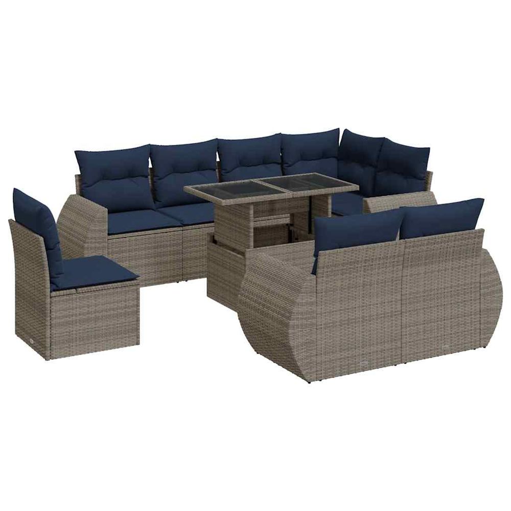 Salon de jardin avec coussins 9 pcs gris résine tressée acacia