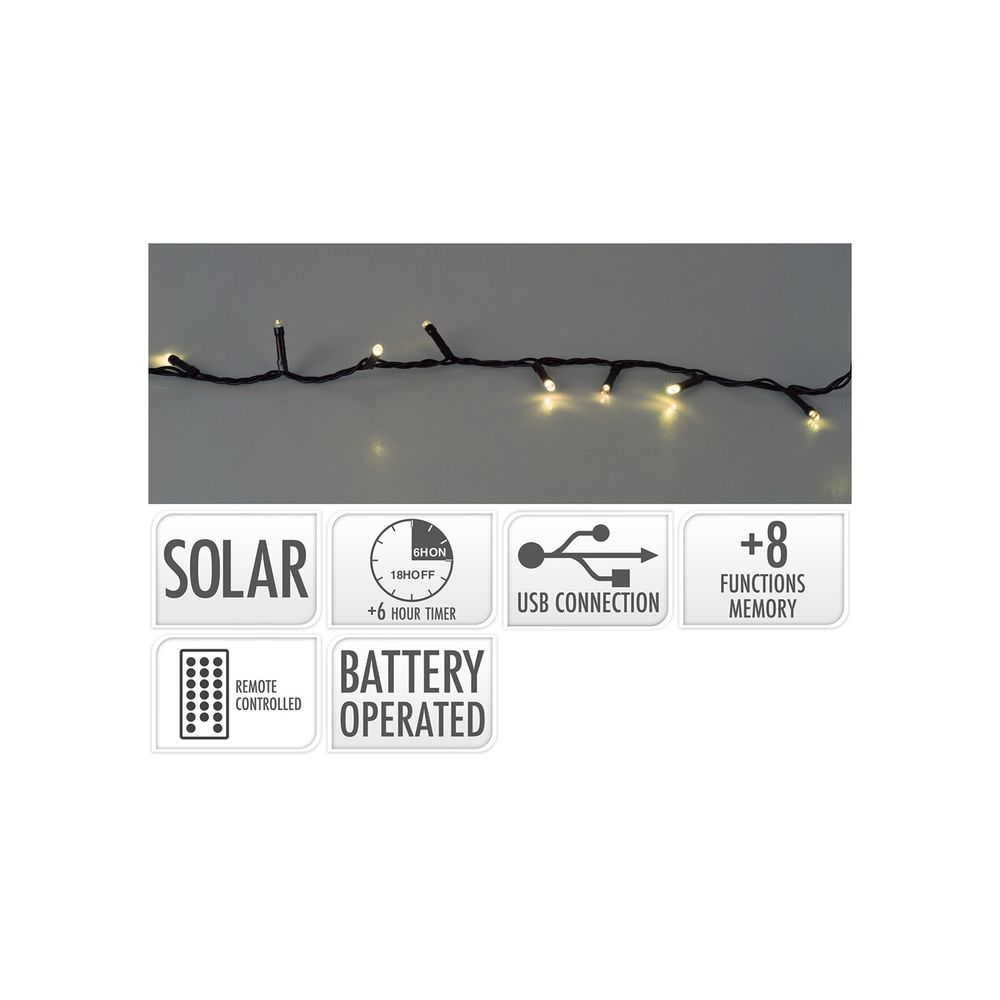 Guirlande led 8 fonctions clignotantes, blanc chaud, ip44, solaire. Basics