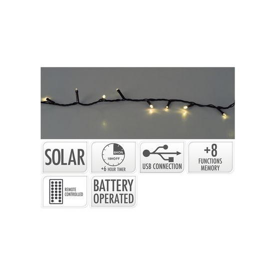 Guirlande led 8 fonctions clignotantes, blanc chaud, ip44, solaire. Basics