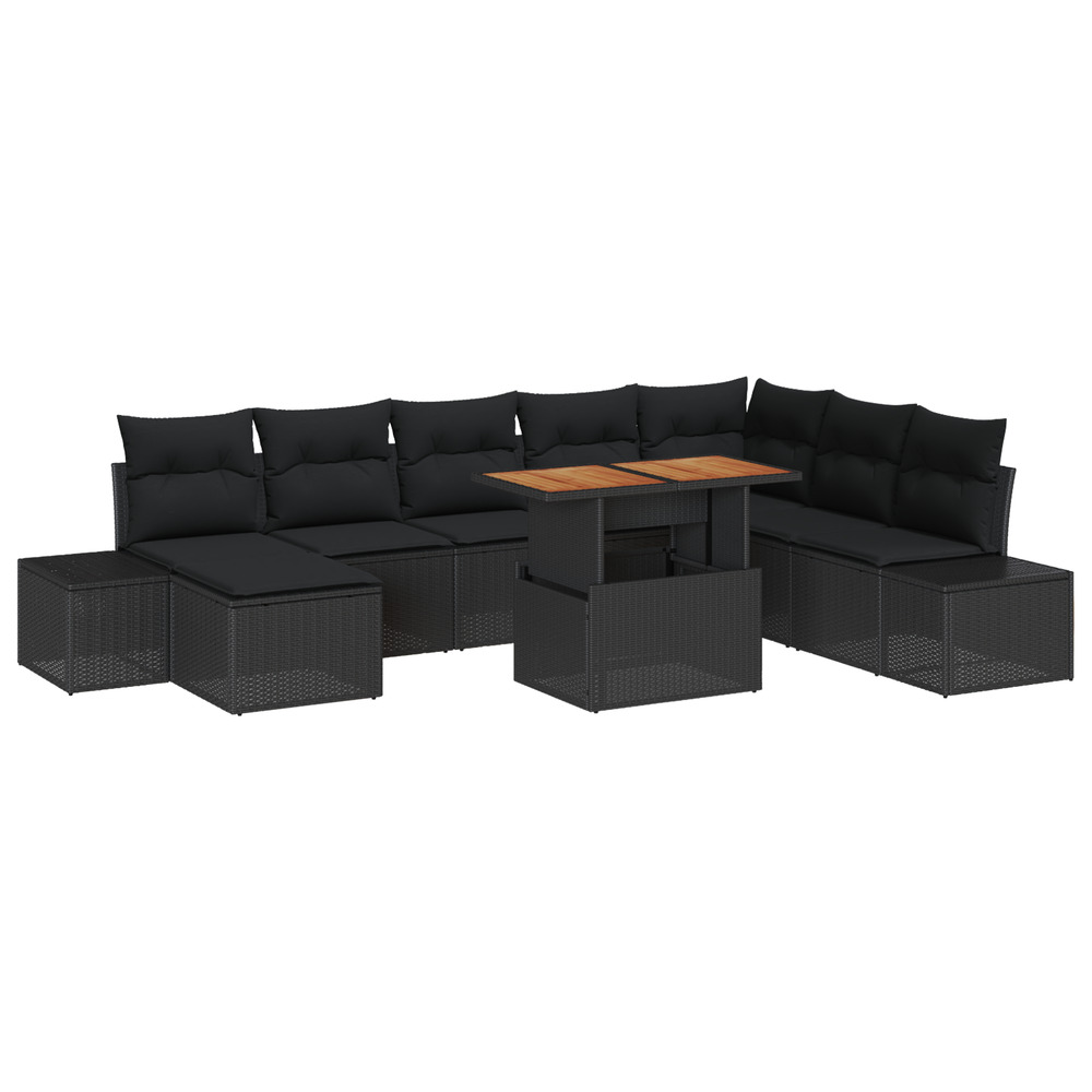 Set de salle à manger de jardin de 9 pièces avec coussins en poly rotin noir et acacia
